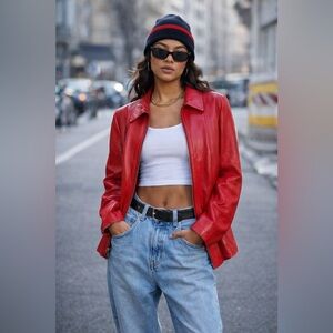 Vintage Dialogue Red Full Zip 100% Genuine Leather Jacket Women’s Size Medium